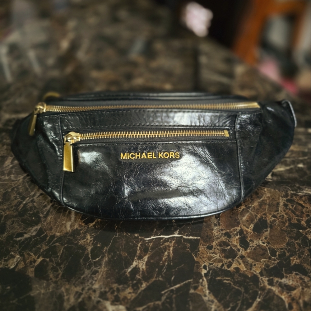 Michael Kors Black Leather Belt Bag with Gold Hardware